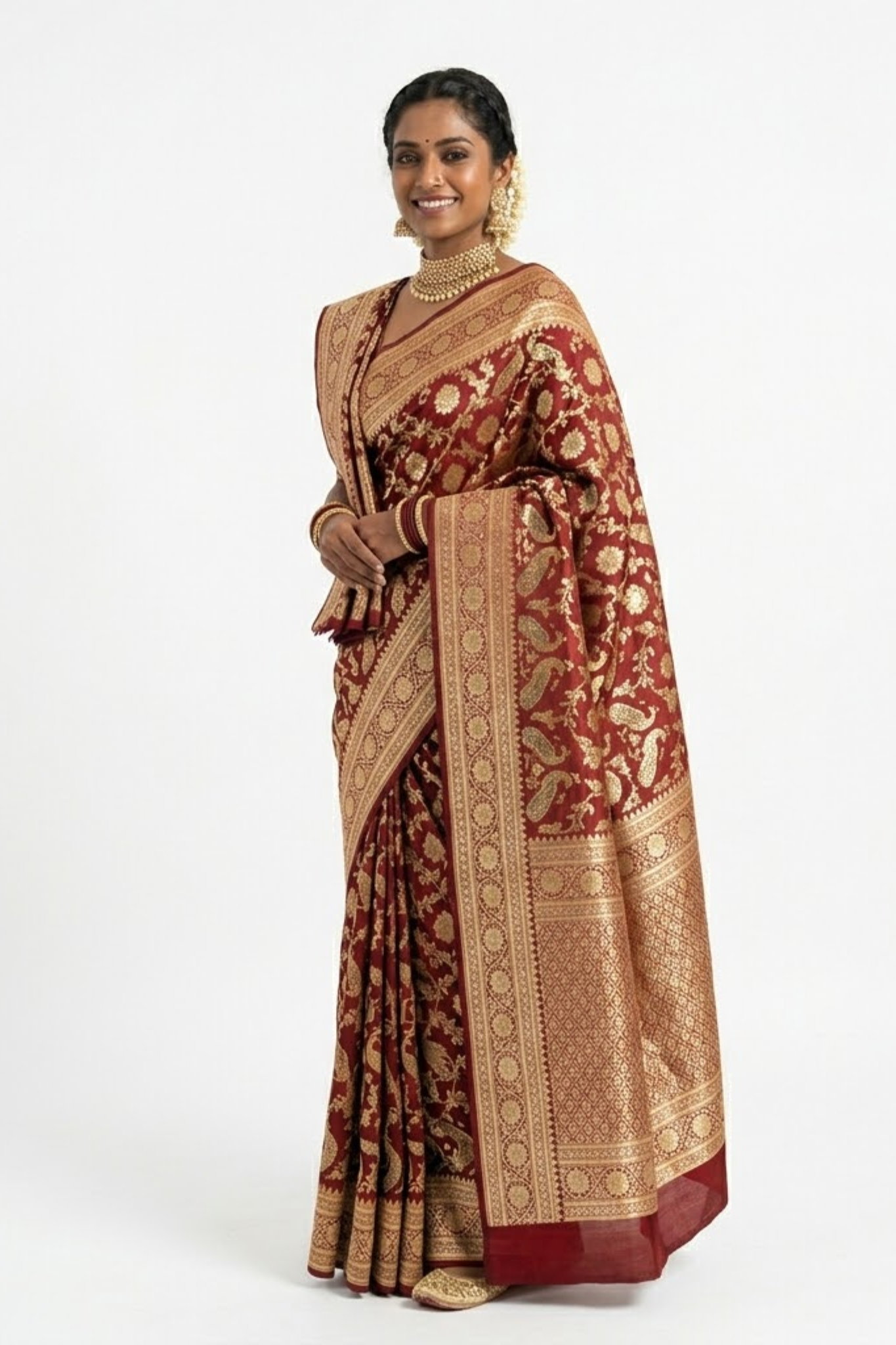 oyal Maroon Banarasi Style Silk Saree with Rich Zari Work